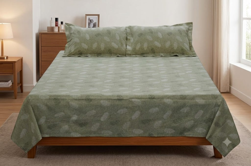 Sage Green Leaf Print Queen Size Cotton Blend Bedsheet with 2 Pillow Covers (90x100 inches)