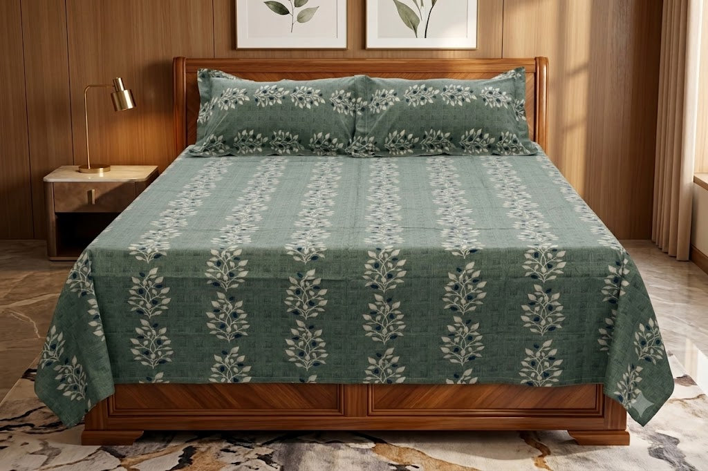 Dusty Blue Leafy Vine Print Queen Size Cotton Blend Bedsheet with 2 Pillow Covers (90x100 inches)