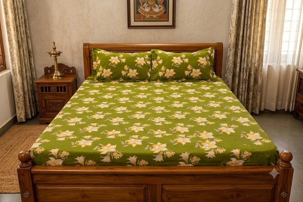 Olive Green Floral Print Queen Size Cotton Blend Bedsheet with 2 Pillow Covers (90x100 inches)