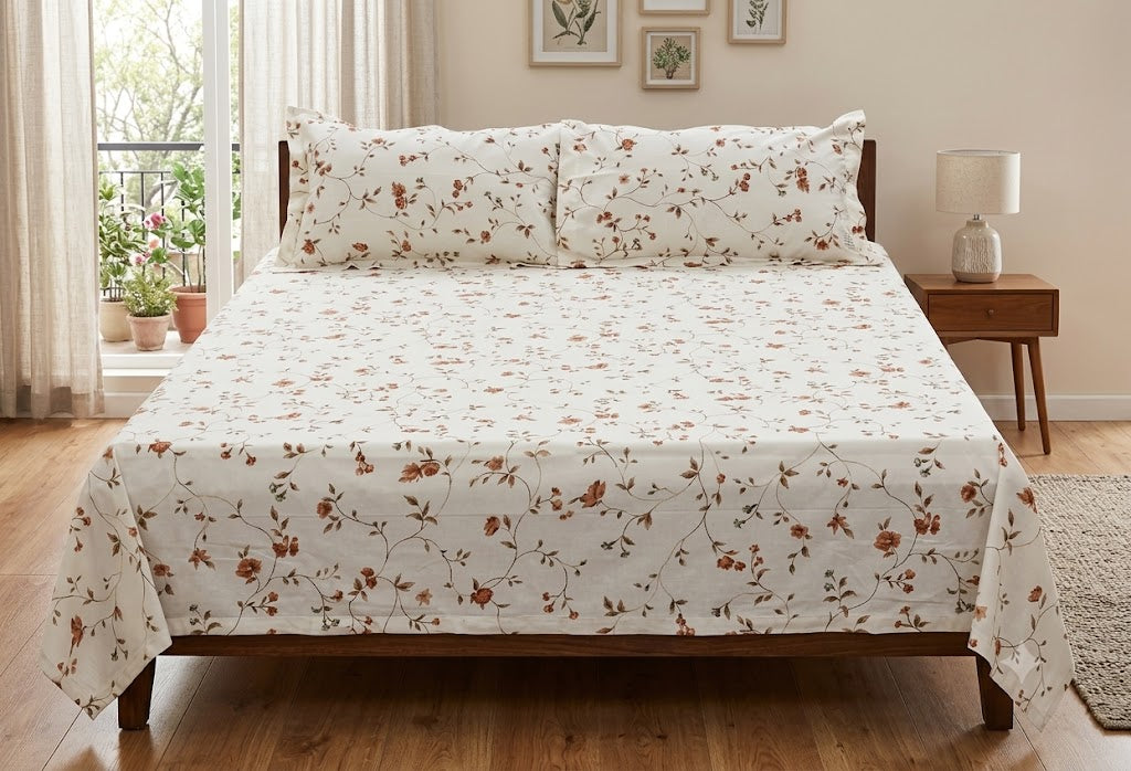 Premium Off-White Floral Cotton Blend Queen Bedsheet Set with 2 Pillow Covers (90" x 100")