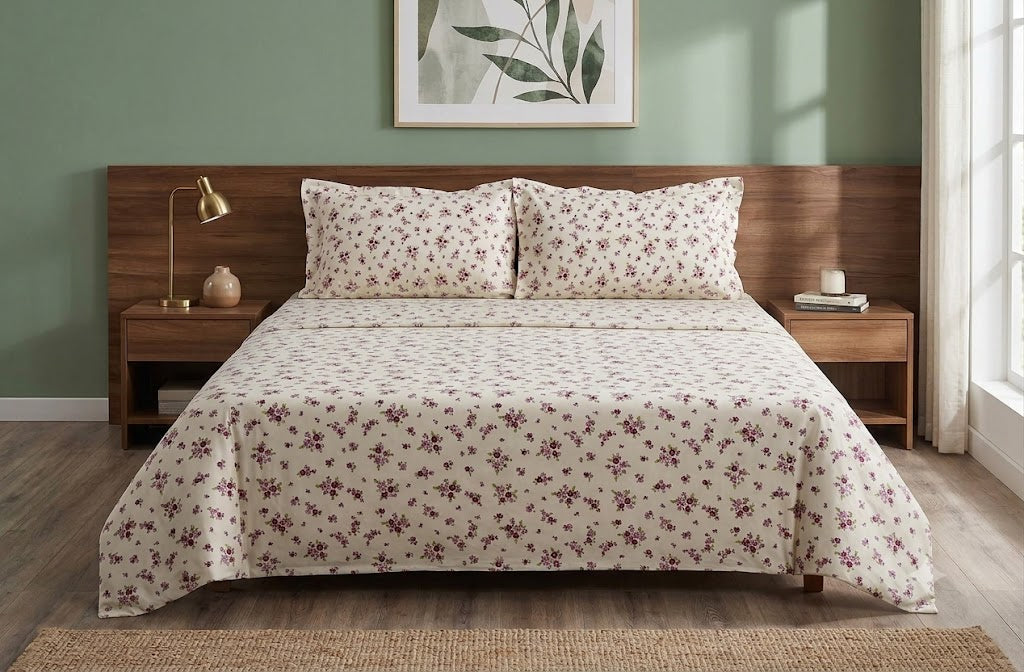 Magenta Floral Print Queen Size Cotton Blend Bedsheet with 2 Pillow Covers (90x100 inches)