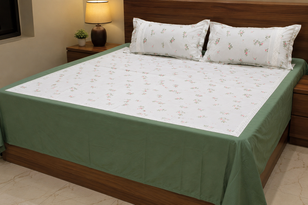 Premium Floral Cotton Bedspread with 2 Pillow Covers | White & Sage Green | 94 x 104 Inches