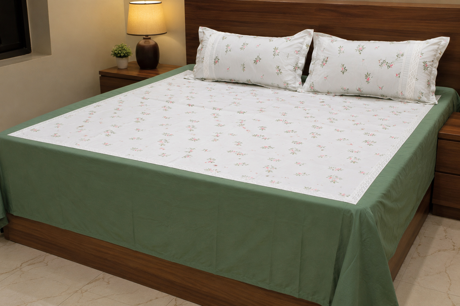 Premium Floral Cotton Bedspread with 2 Pillow Covers | White & Sage Green | 94 x 104 Inches