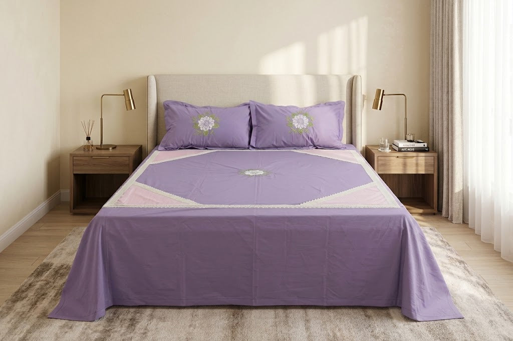King Size Floral Embroidered Bedspread with 2 Pillow Covers – Purple | 108" x 110"