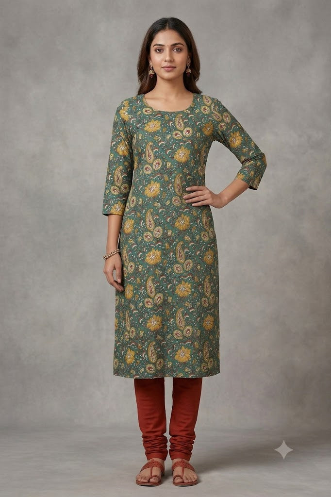 Soft Cotton Floral &amp; Paisley Print Dress Material Top Fabric – Green & Mustard | 44" Width | 2.5 Meter Length