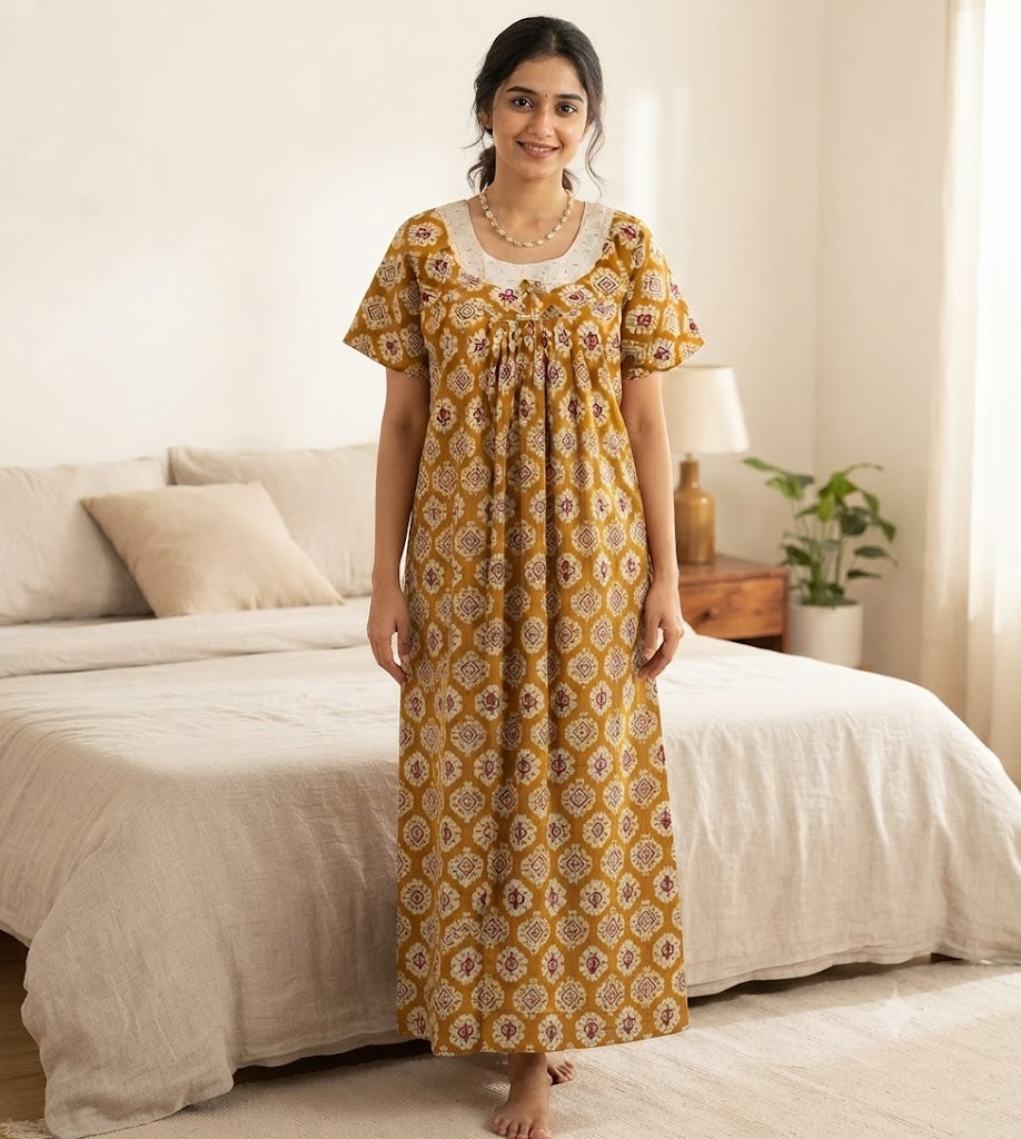 Women’s Full Length Cotton Nighty – Golden Mustard Printed Nightdress with Lace Neck | Size M