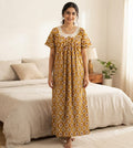 Women’s Full Length Cotton Nighty – Golden Mustard Printed Nightdress with Lace Neck | Size M