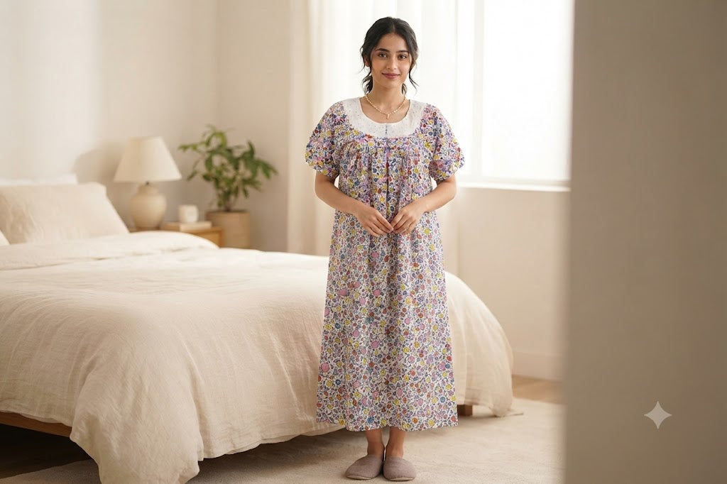Women’s Cotton Full-Length Nighty – Colorful Floral Print with Lace Collar | Size L