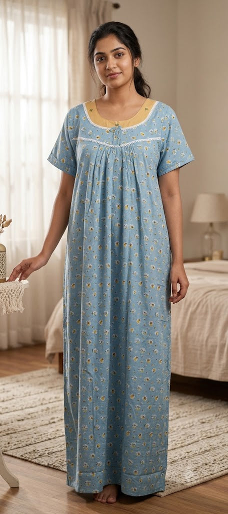 Women's Floral Printed Full Length Nighty – Sky Blue | Comfortable Daily Wear