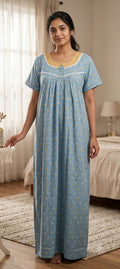 Women's Floral Printed Full Length Nighty – Sky Blue | Comfortable Daily Wear