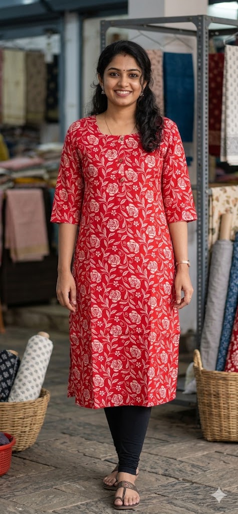 Women’s Red Floral Printed Cotton churidar Top – L Size | Casual Comfort Tunic
