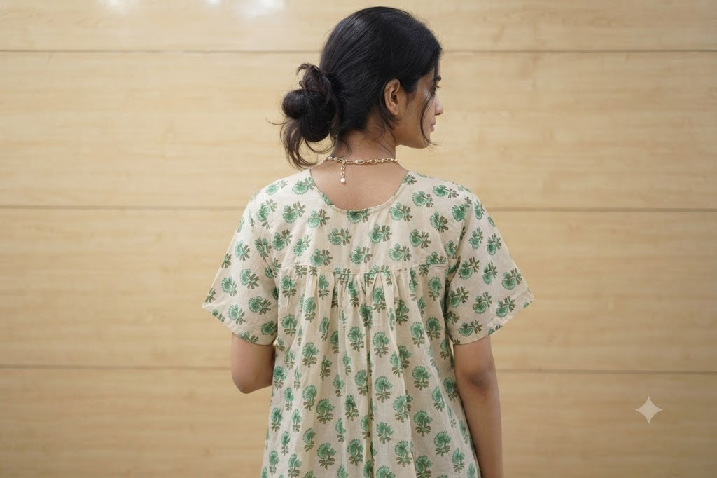 Women's Green Floral Print Cotton Nighty – Full Length (Size M)