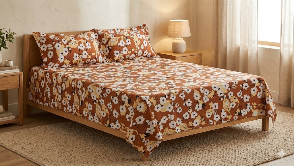 Autumn Bloom Floral Queen Size Cotton Bedsheet with Pillow Covers