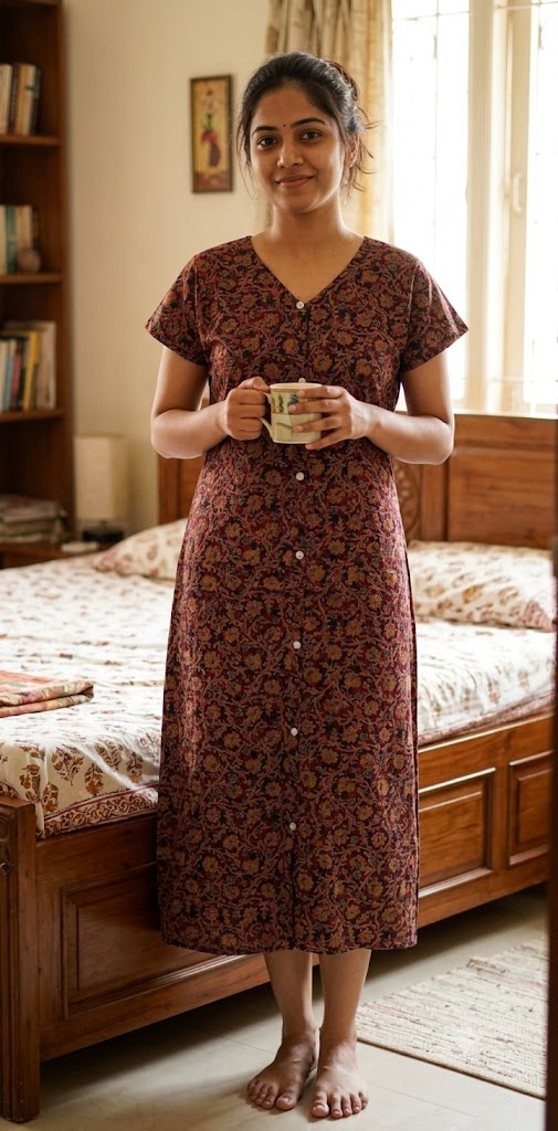 Women's Floral Print Knee Length Cotton Nighty | Front Button House Dress | Soft & Comfortable Sleepwear