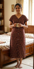 Women's Floral Print Knee Length Cotton Nighty | Front Button House Dress | Soft & Comfortable Sleepwear