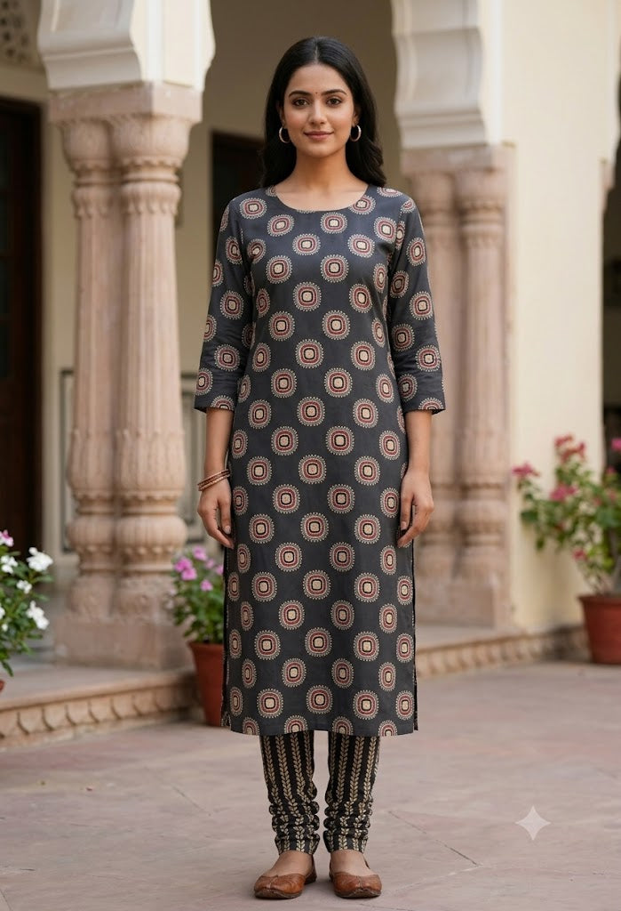 Soft Cotton Charcoal Grey Geometric Print Dress Material Set (Top & Bottom)