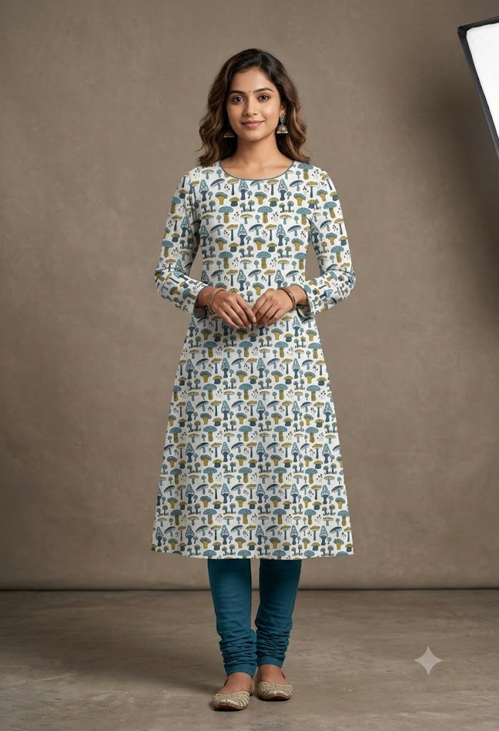 Soft Cotton Mushroom Print Dress Material Top Fabric – White Base | 44" Width | 2.5 Meter Length