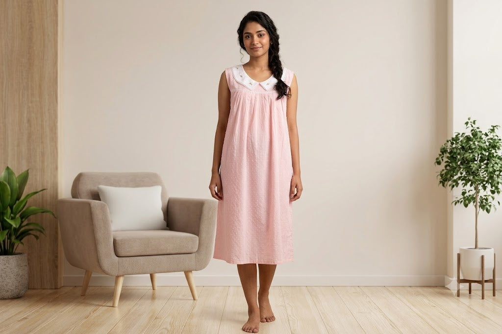 Women's Cotton Knee Length Nighty with Embroidered Peter Pan Collar – Pink | 45 Inch Length