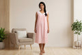 Women's Cotton Knee Length Nighty with Embroidered Peter Pan Collar – Pink | 45 Inch Length