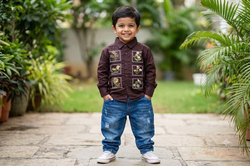 Premium Dark Wine Floral Patch Embroidered Casual Shirt for Boys