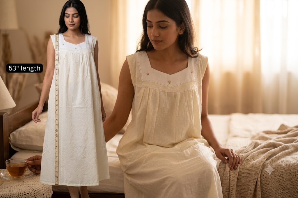 Women's Premium Cotton Knee Length Nighty | Embroidered Floral Sleeveless Night Dress | 53" Length | Cream White