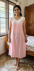 Women's Soft Cotton Knee Length Nighty – Pink Embroidered Sleeveless Night Dress