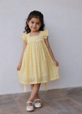 Soft Lemon Embroidered Flutter-Sleeve Frock with Back Bow