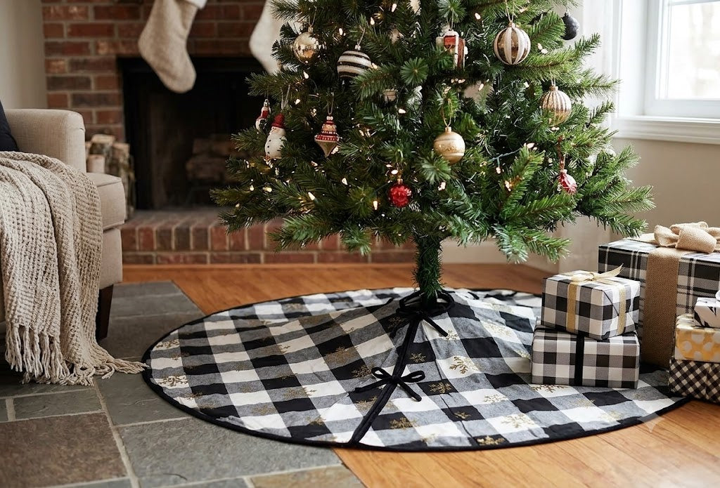 60 cm Black & White Buffalo Plaid Christmas Tree Skirt with Gold Snowflakes