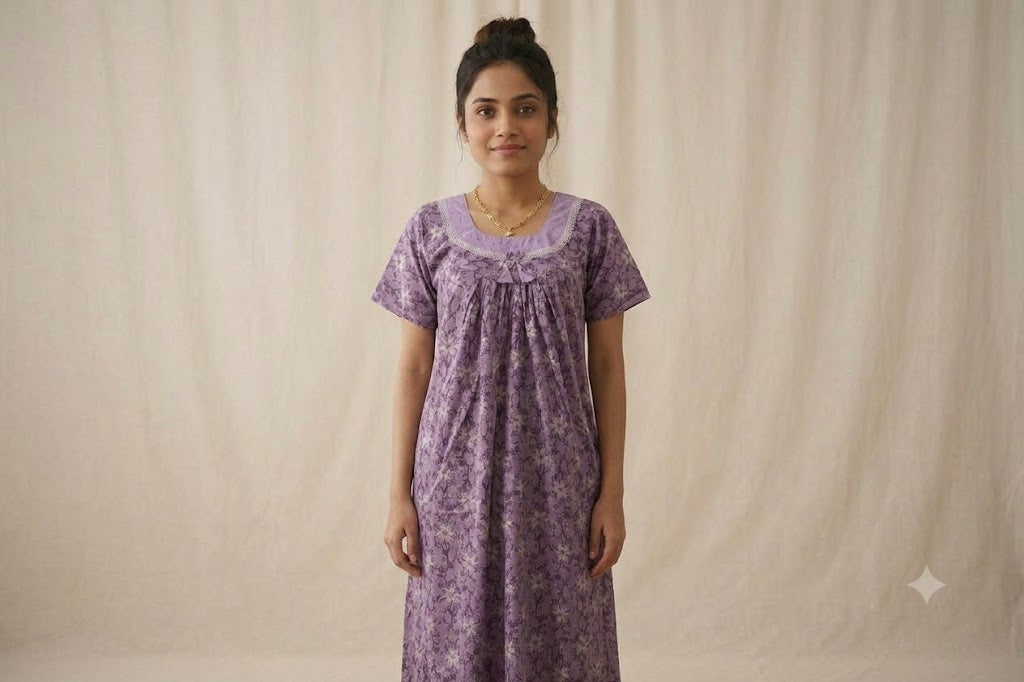 Women’s Purple Floral Printed Cotton Full Length Nighty | Short Sleeve Nightgown