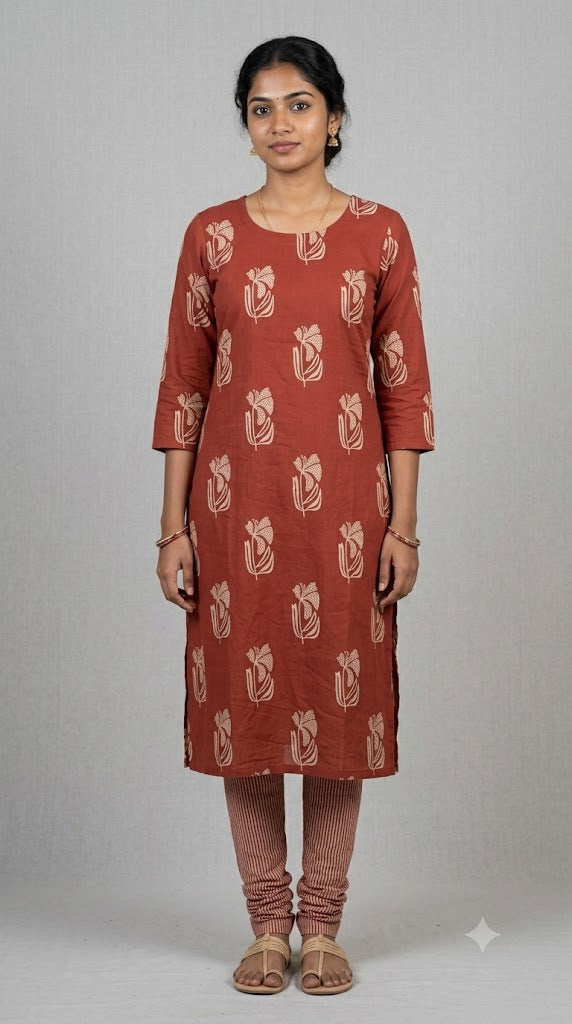 Soft Cotton Floral Print Dress Material Set – Rust Red | Top & Bottom Fabric