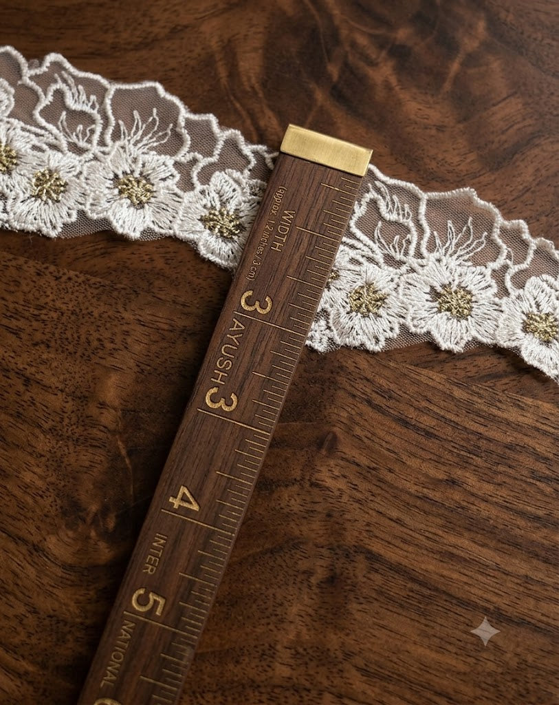 Floral Embroidered Net Lace Trim Off White with Gold Flower Center – 10 Yards (9.1 Meters) Decorative Sewing Lace