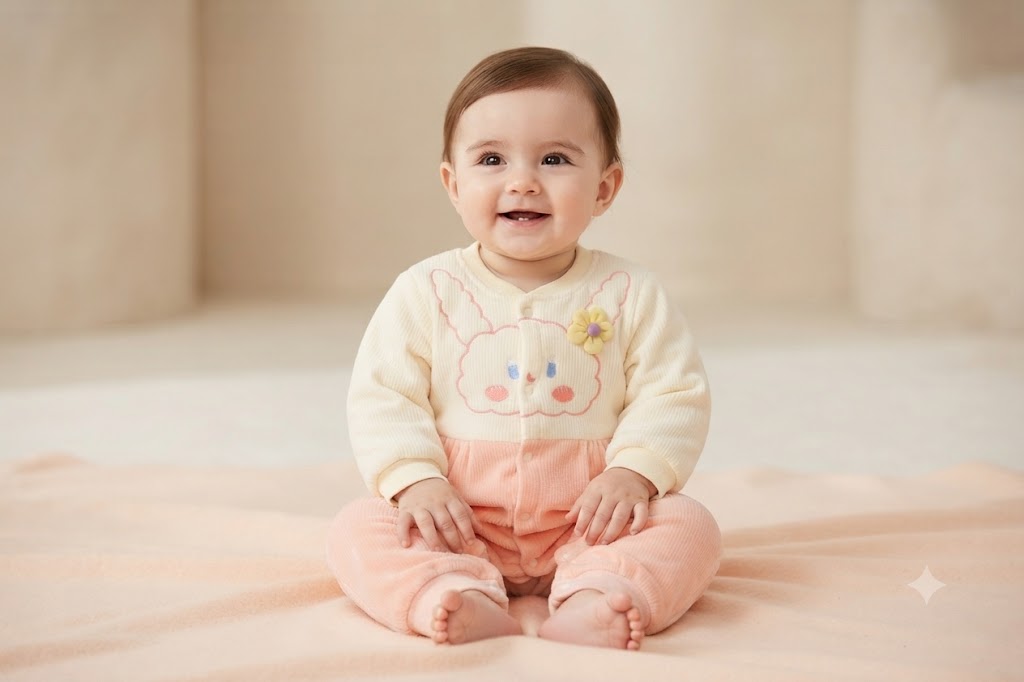 Imported Baby Winter Romper with Button Closure – Light Peach & Cream Bunny Design | 9–12 Months