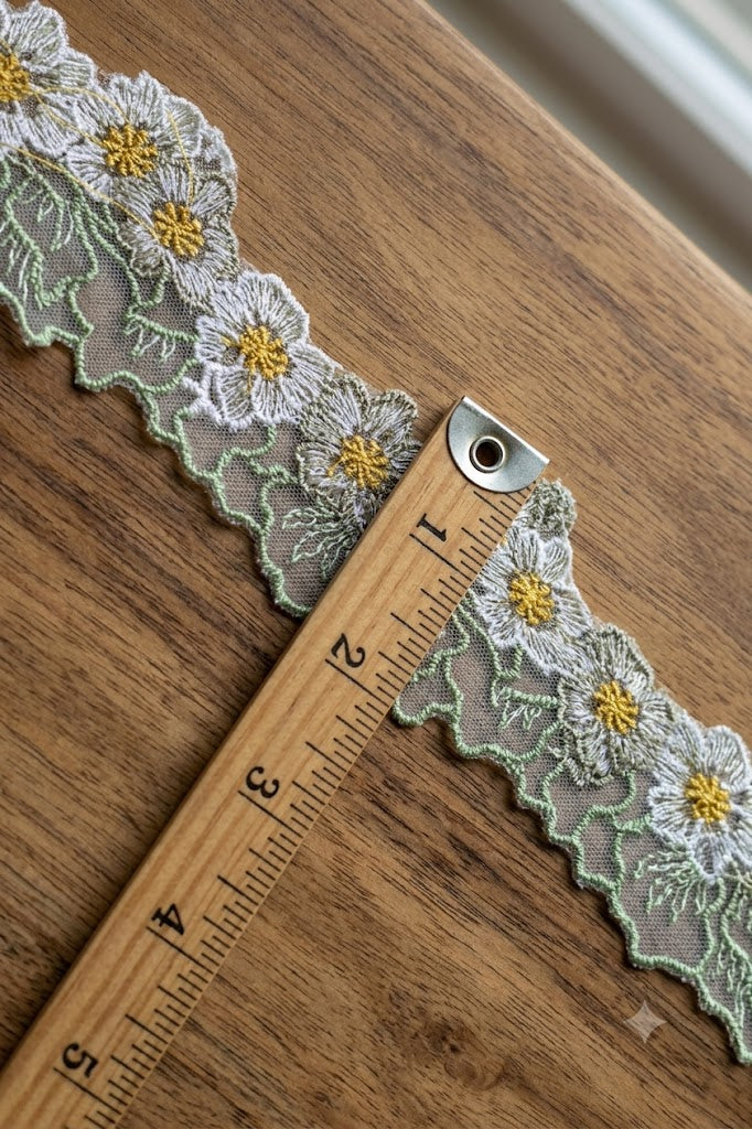 Floral Embroidered Net Lace Trim – Light Sage Green, White & Mustard Yellow | Decorative Sewing Lace | 10 Yards (9.1 Meters)