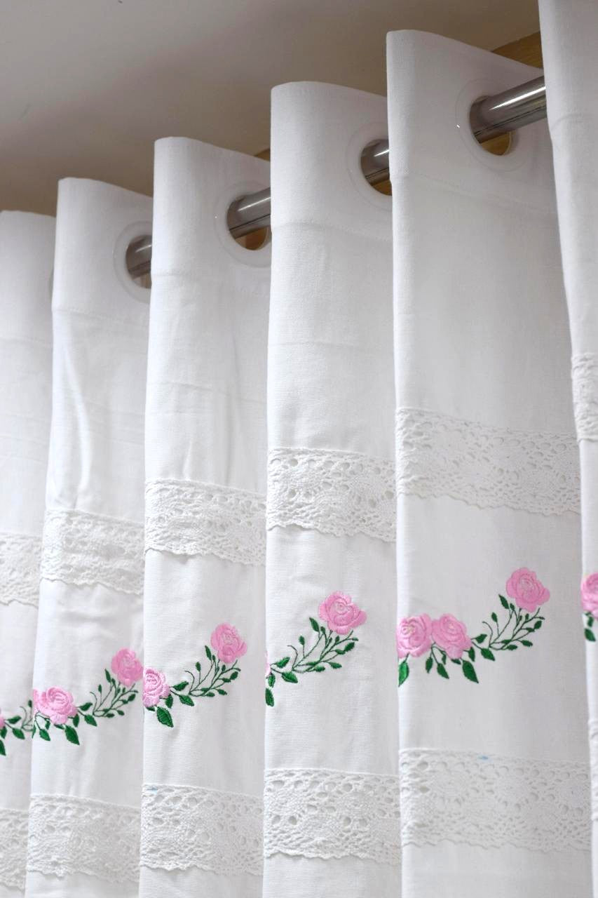White Cotton Door Curtain with Pink Floral Embroidery &amp; Lace Border – 4×7 ft