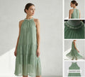 Imported Free Size Women's Tiered Frock Dress – Sage Green | Pearl Embellished Halter Neck | Elegant Party Wear