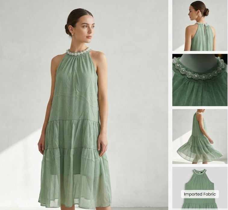 Imported Free Size Women's Tiered Frock Dress – Sage Green | Pearl Embellished Halter Neck | Elegant Party Wear