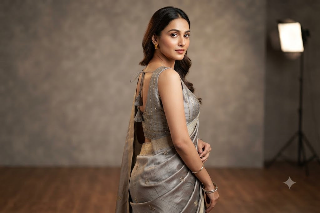 Silver Grey Semi-Silk Padded Readymade Saree Blouse with Gold Sequin Strips & Dori Tie-Up (Sleeve Material Included)