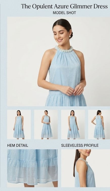 Imported Free Size Shimmer Tiered Midi Frock with Pearl Embellished Halter Neck – Sky Blue