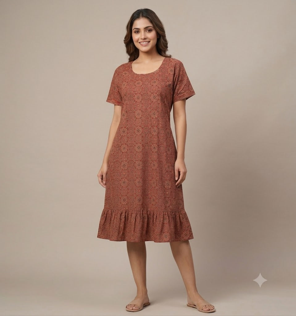 Soft Cotton Printed Knee Length Nighty for Women | Round Neck | Comfortable Daily Wear