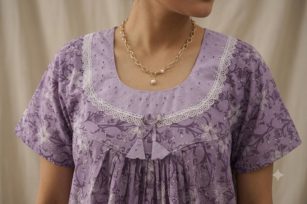 Women’s Purple Floral Printed Cotton Full Length Nighty | Short Sleeve Nightgown