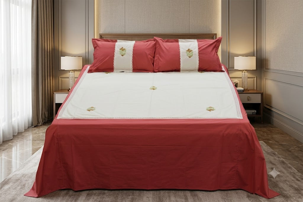 King Size Satin Finish Cotton Bedspread with Embroidered Floral Design & 2 Pillow Covers – Brick Red & Ivory | 92" x 116"