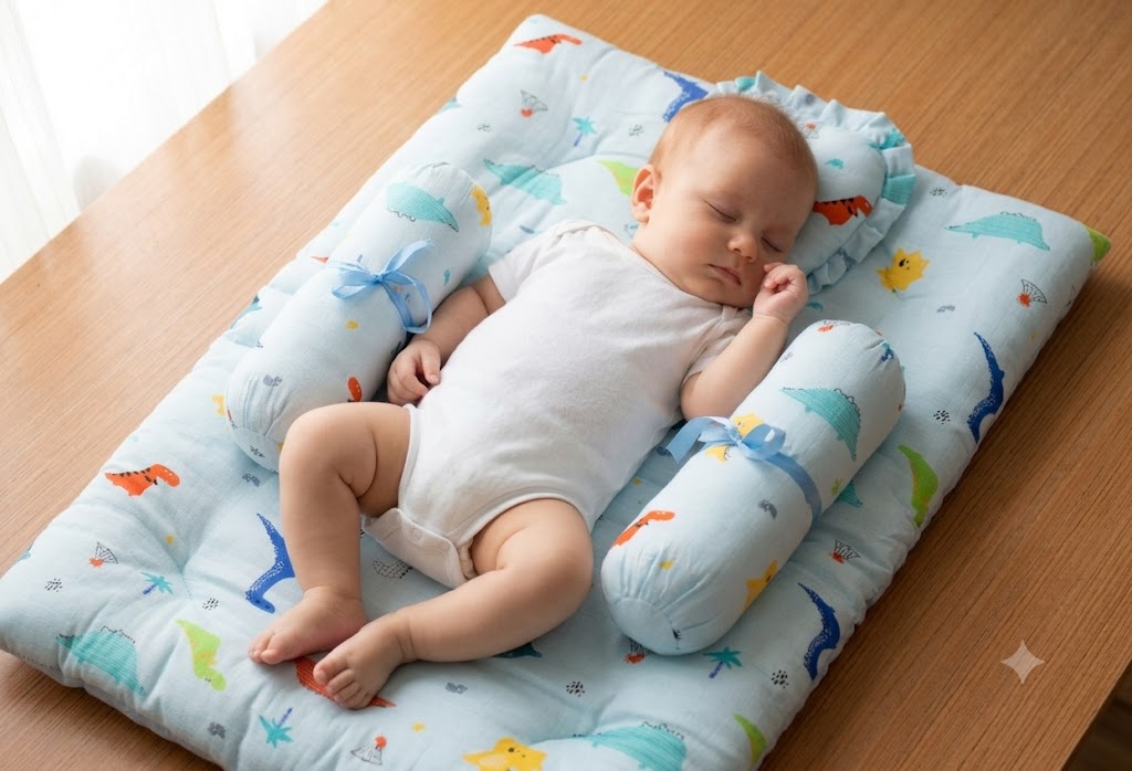 Soft Cotton Baby Sleeping Bed Set with Pillow & Bolsters | Baby Sleeping Mat for 3 Months to 1 Year | Dinosaur Print