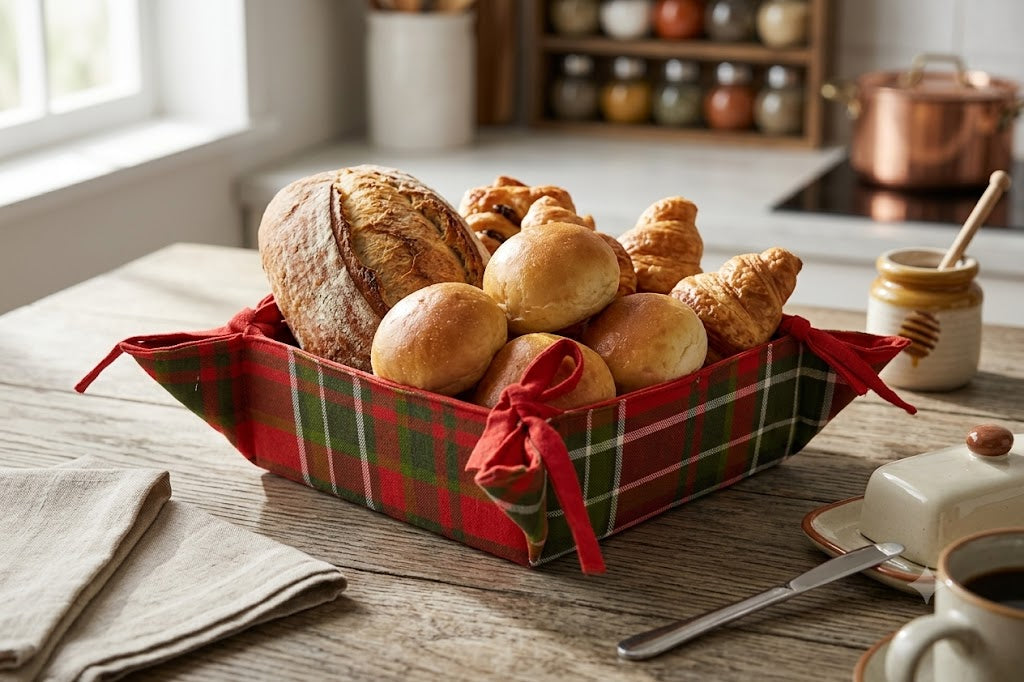 Red Plaid Fabric Bread Basket – 30x30 cm Collapsible Table Caddy