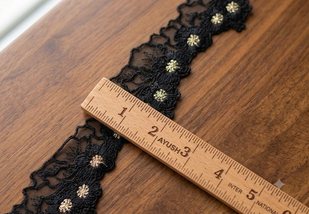 Floral Embroidered Net Lace Trim – Black & Gold | Decorative Sewing & Craft Lace | 10 Yards (9.1 Meters)