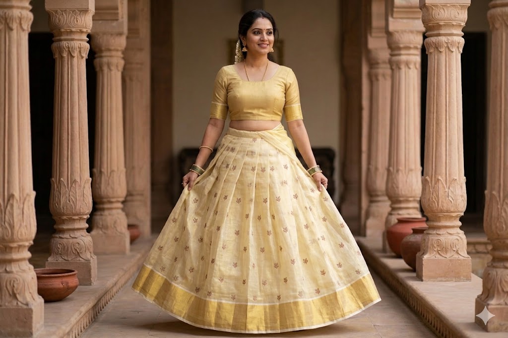 Elegant Cream Tissue Dress Material Set with Embroidered Butti Work – Saree, Top & Skirt Fabric