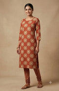 Rust Brown Geometric Print Soft Cotton Dress Material Set