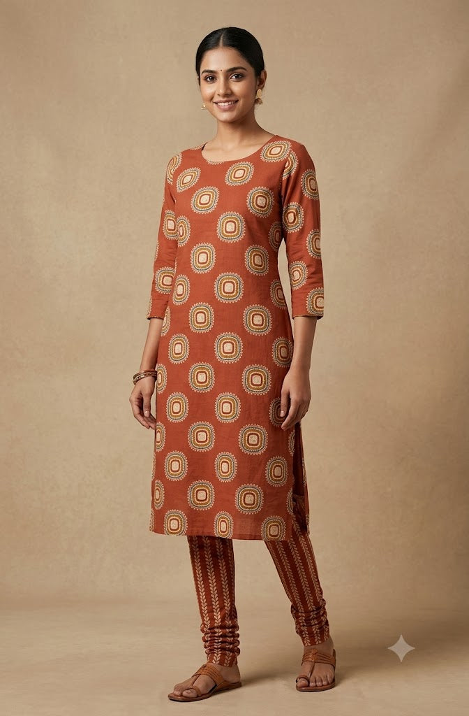 Rust Brown Geometric Print Soft Cotton Dress Material Set