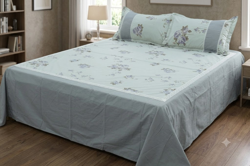 Premium Off-White (Ivory) Floral Cotton Bedspread with 2 Pillow Covers | Grey Floral Print | Lace Border | King Size 98 x 104 Inches