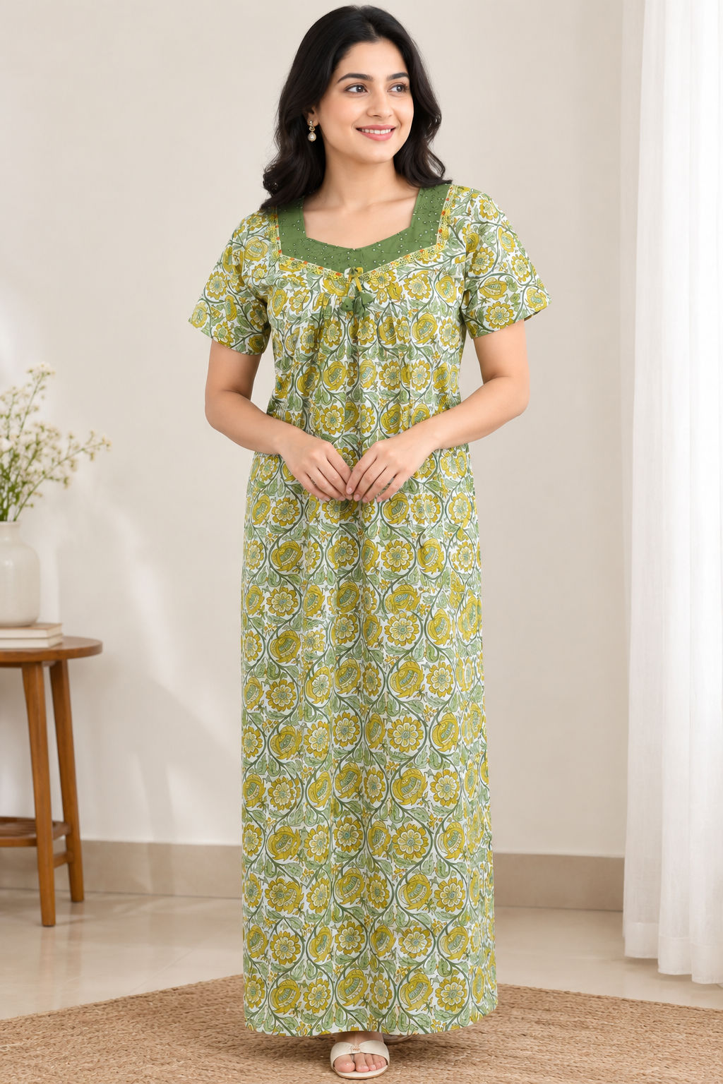 Women’s Cotton Full Length Nighty – Floral Print with Hakoba Neck Design | Size M