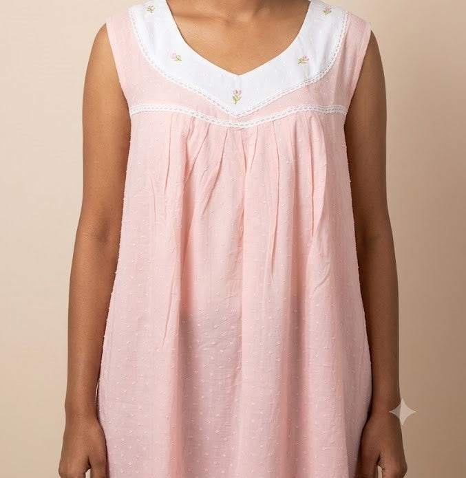 Women's Soft Cotton Knee Length Nighty – Pink Embroidered Sleeveless Night Dress